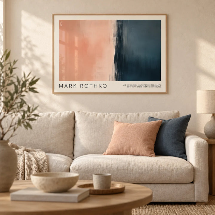 Color Block Wall Art, framed on the wall of a calm Japandi living room with a warm white limewashed wall