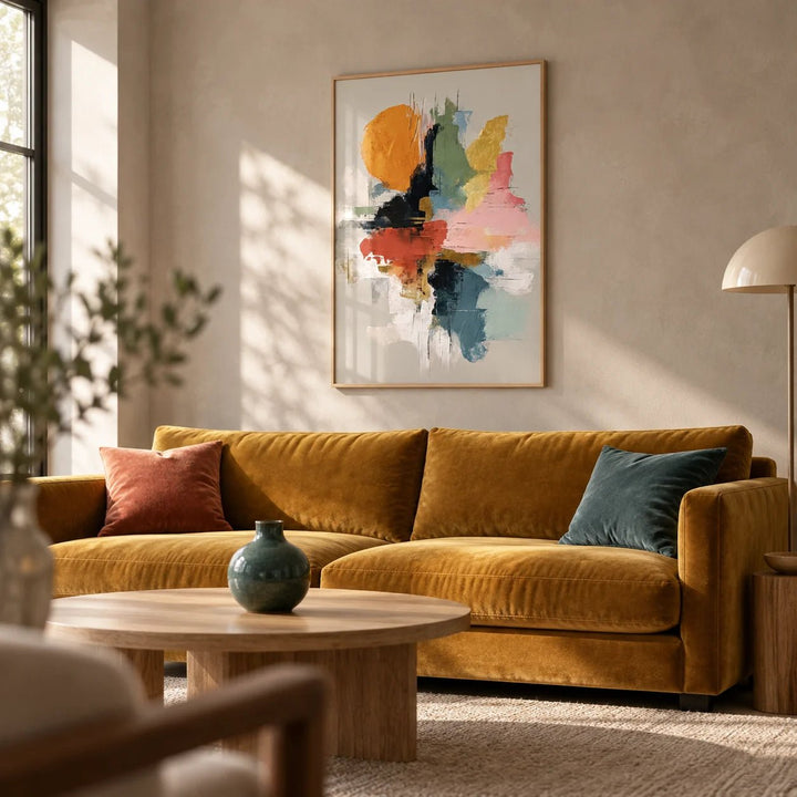 Colorful Abstract Art Print, framed on the wall of a art lover's modern living room