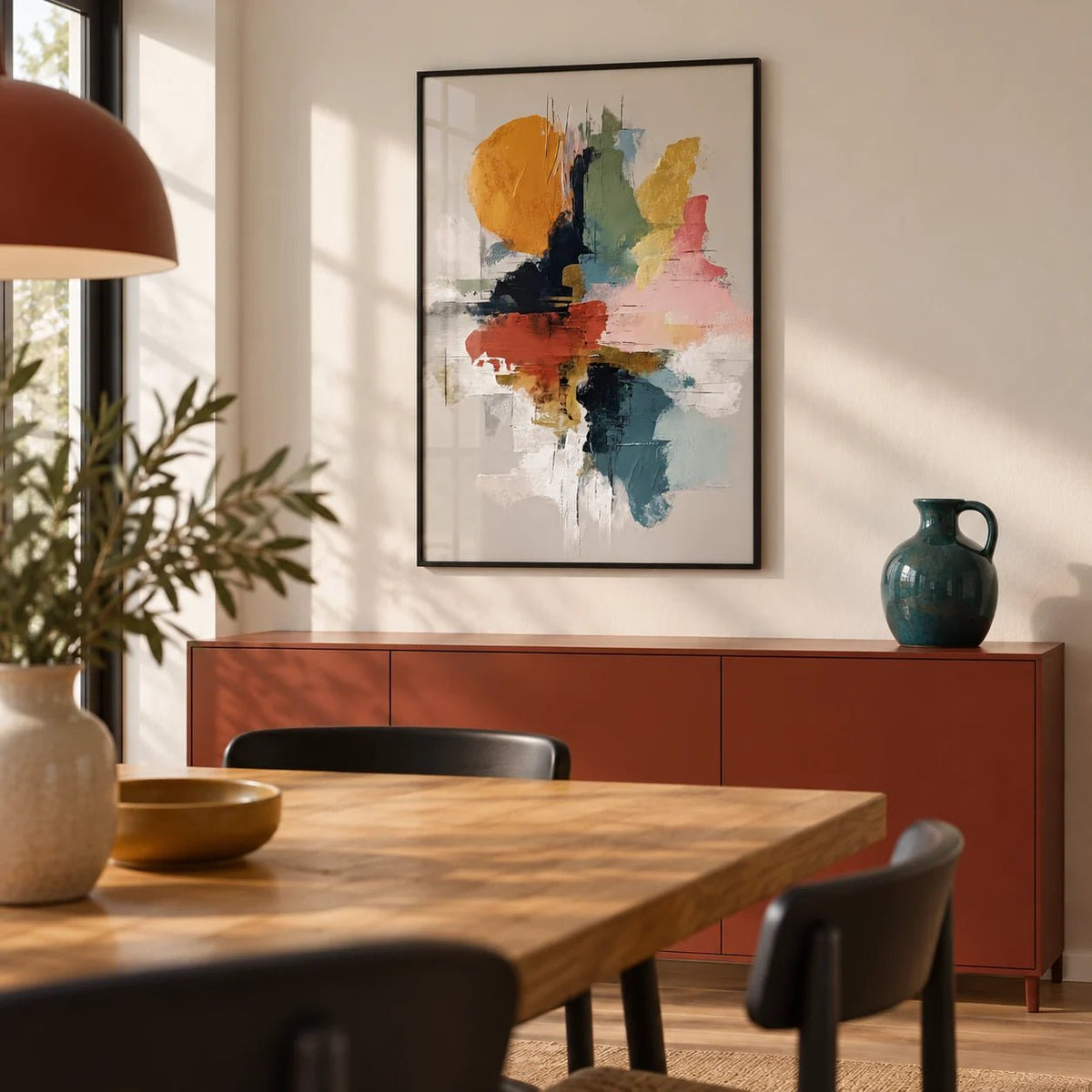 Colorful Abstract Art Print, framed on the wall of a contemporary dining room