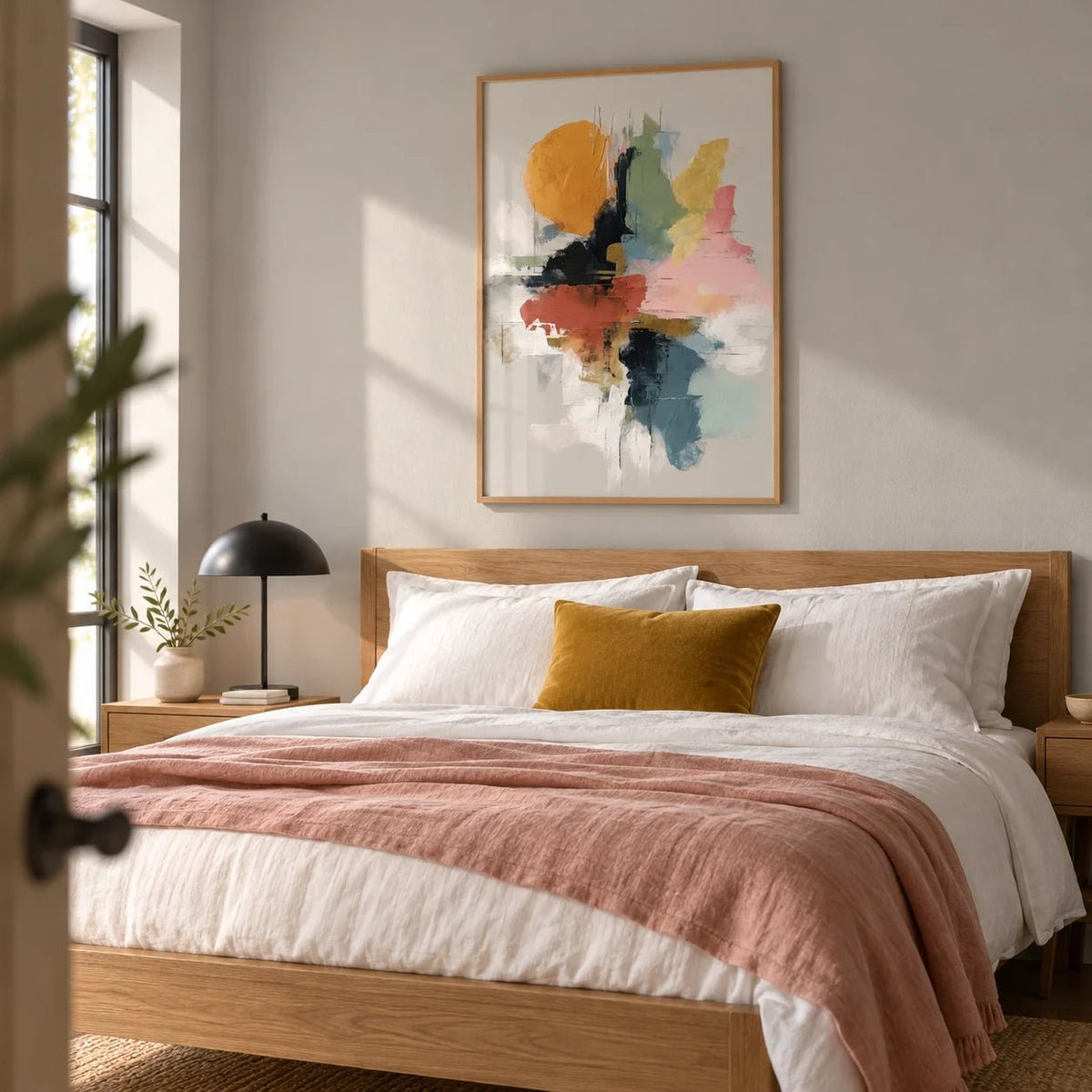 Colorful Abstract Art Print, framed on the wall of a modern bedroom with a soft grey painted wall