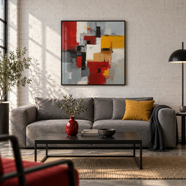 Colorful Abstract Poster Art, framed on the wall of a modern loft living room with a white brick wall and a concrete floor