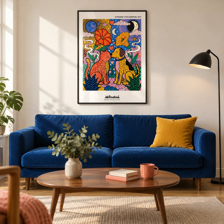 Colorful Animal Art Print, framed on the wall of a modern living room in a UK city flat with warm white walls