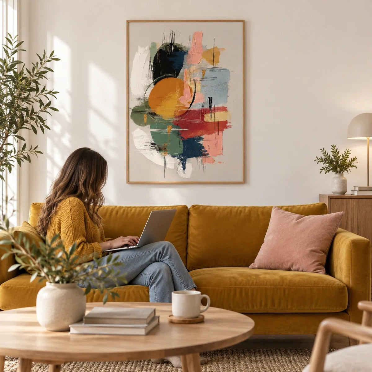 Colorful Art Poster, framed on the wall of a bright modern living room with a warm white wall