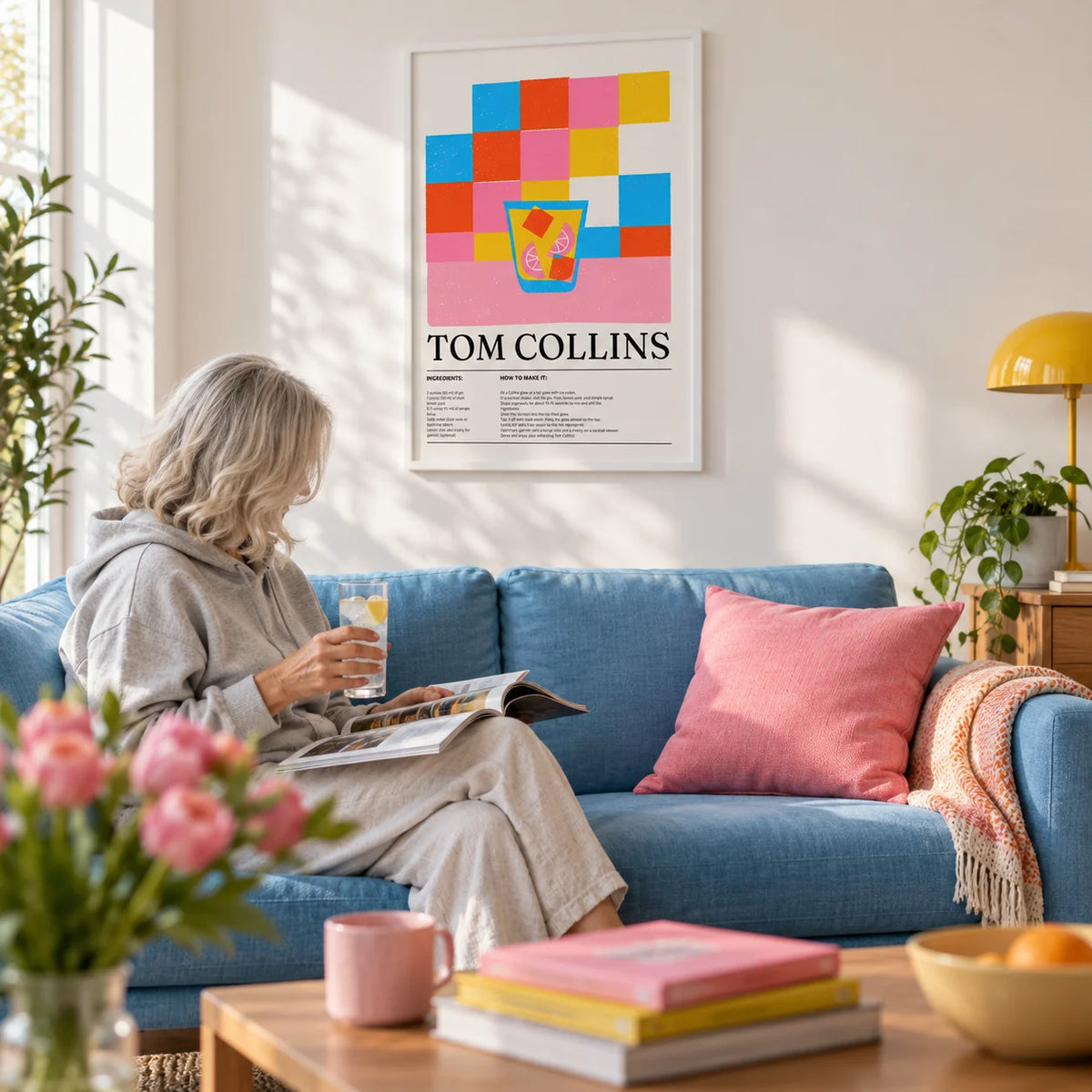 Colorful Bar Prints, framed on the wall of a bright living room with a white wall