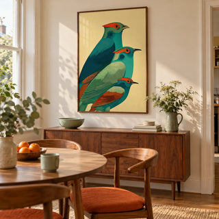 Colorful Bird Art Print, framed on the wall of a bright dining corner in a British terraced house with a pale cream wall