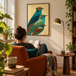 Colorful Bird Art Print, framed on the wall of a colourful reading corner in a UK first home for a nature lover aged 25-35 in a living room