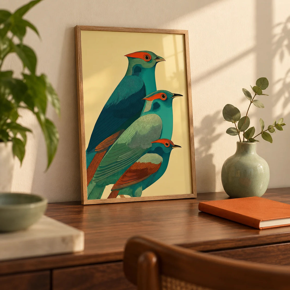 Colorful Bird Art Print, a small A4 framed print leaning on a walnut writing desk