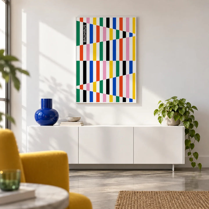 Colorful Block Print, framed on the wall of a bright city flat living room with a white wall and a polished concrete floor