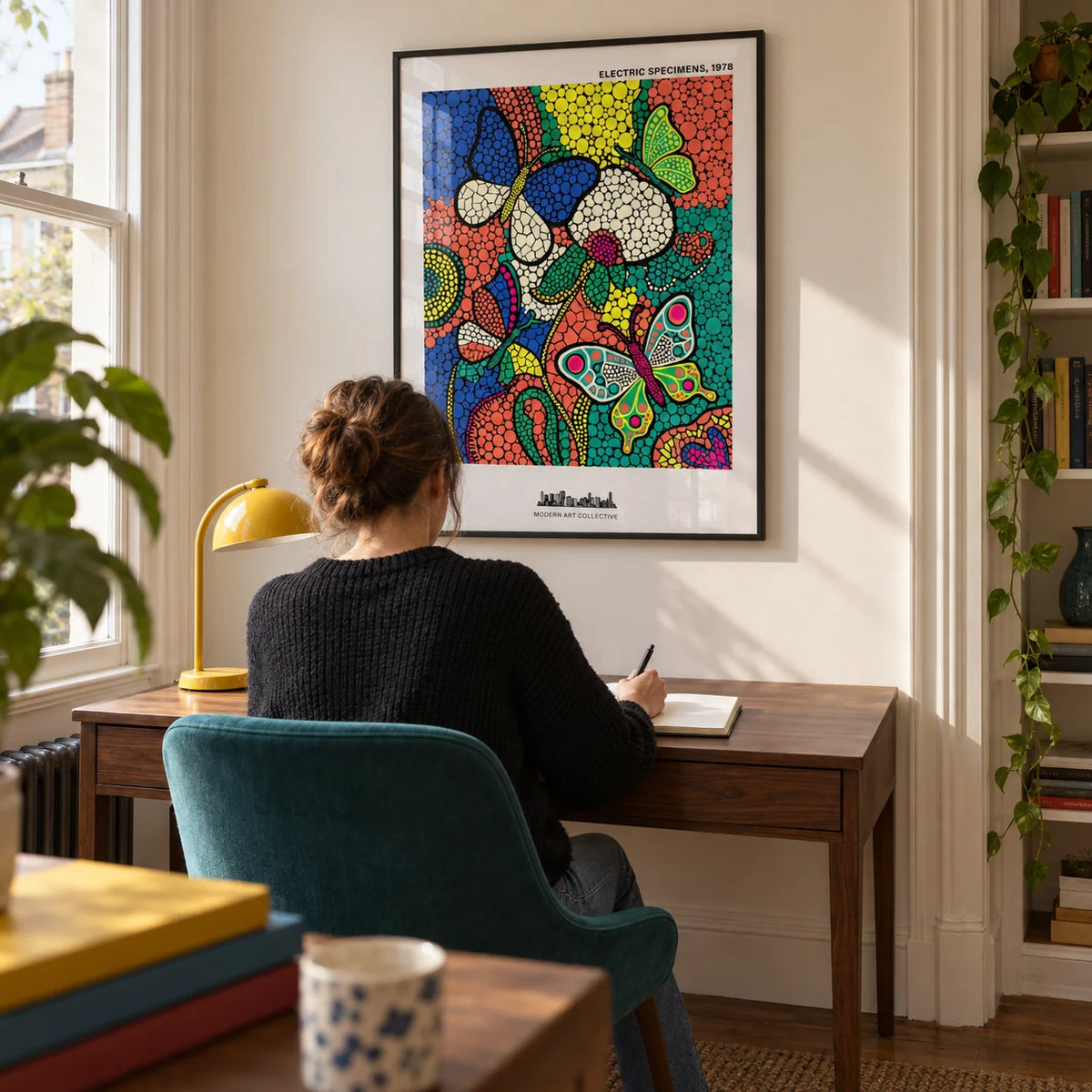 Colorful Butterfly Art Print, framed on the wall of a compact home study in a Victorian terrace with a warm white wall and a teal green desk chair