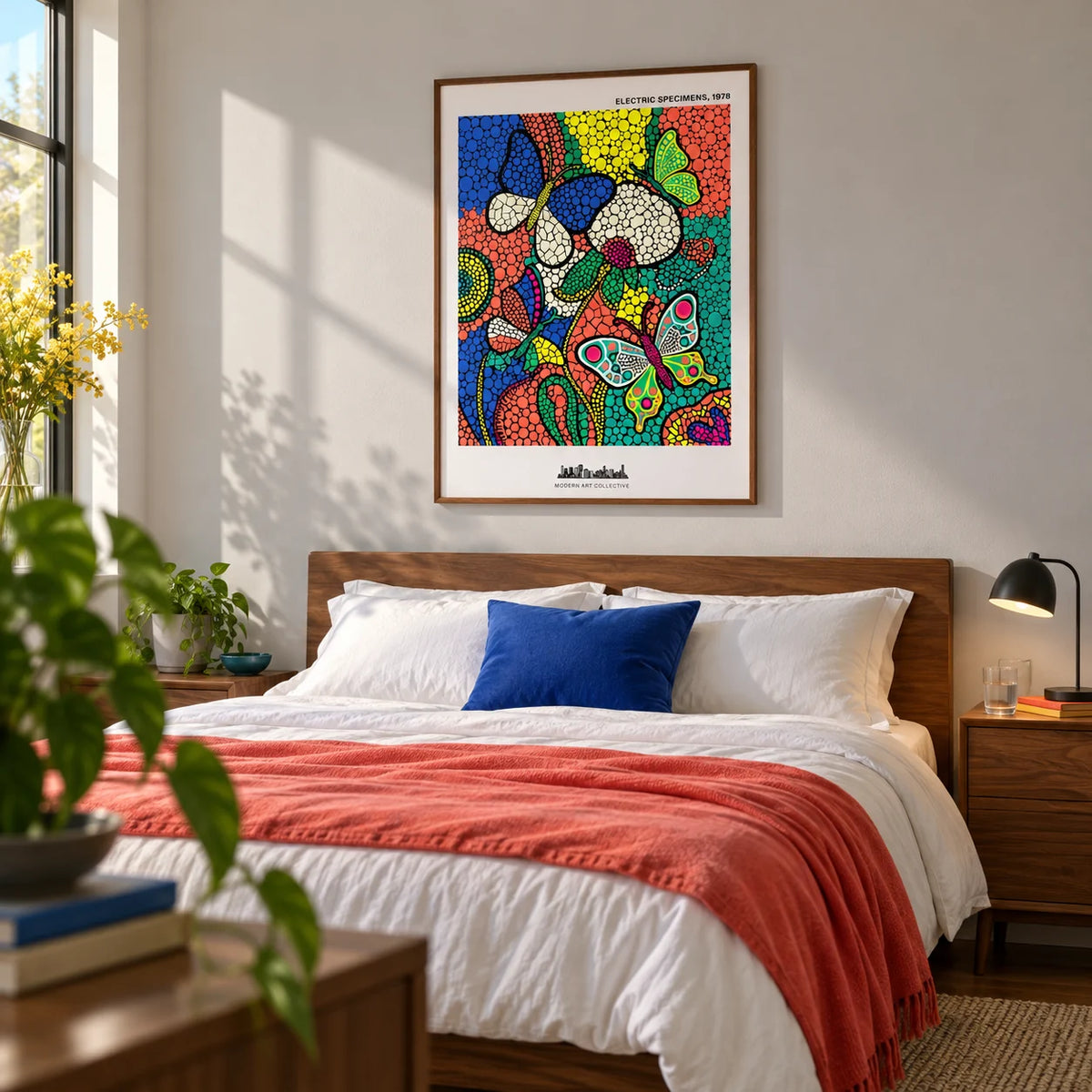 Colorful Butterfly Art Print, framed on the wall of a modern bedroom for an art-loving couple (25-40) with a pale grey wall and simple walnut furniture