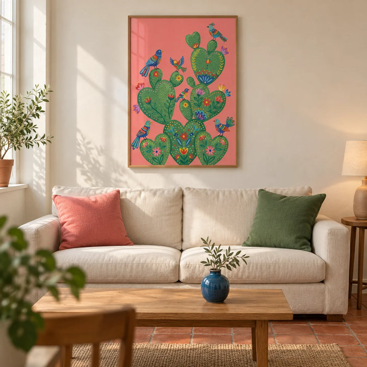 Colorful Cactus Art Print, framed on the wall of a warm modern living room in a UK terraced house with ivory plaster walls and terracotta floor tiles