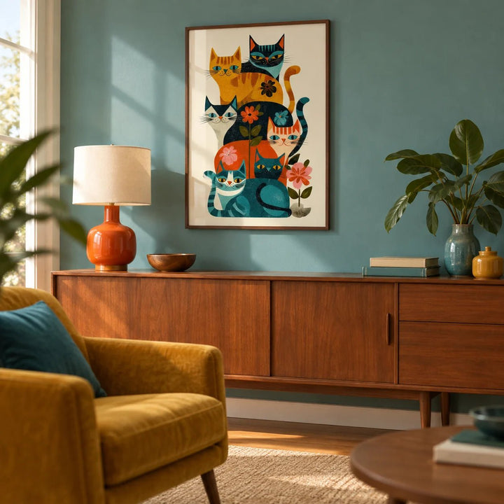 Colorful Cat Wall Art, framed on the wall of a mid-century living room with a soft teal painted wall