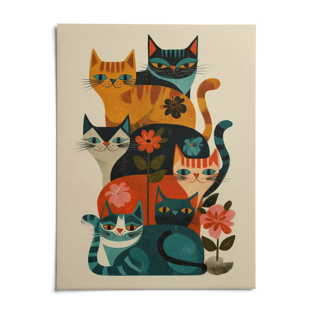 Colorful Cat Wall Art, shown as an unframed paper print on a plain white background