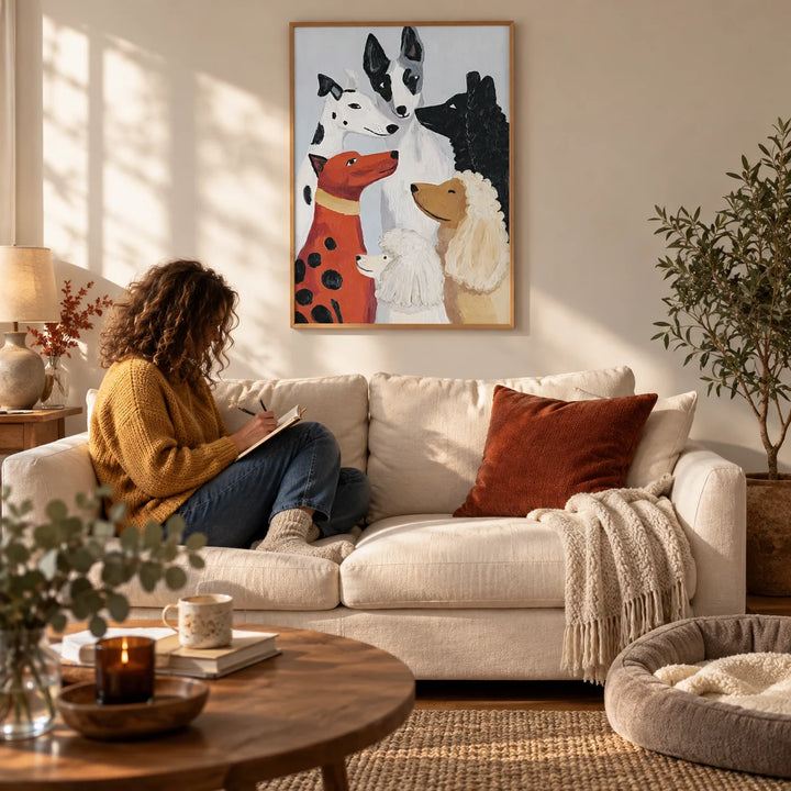 Colorful Dog Poster, framed on the wall of a cosy living room