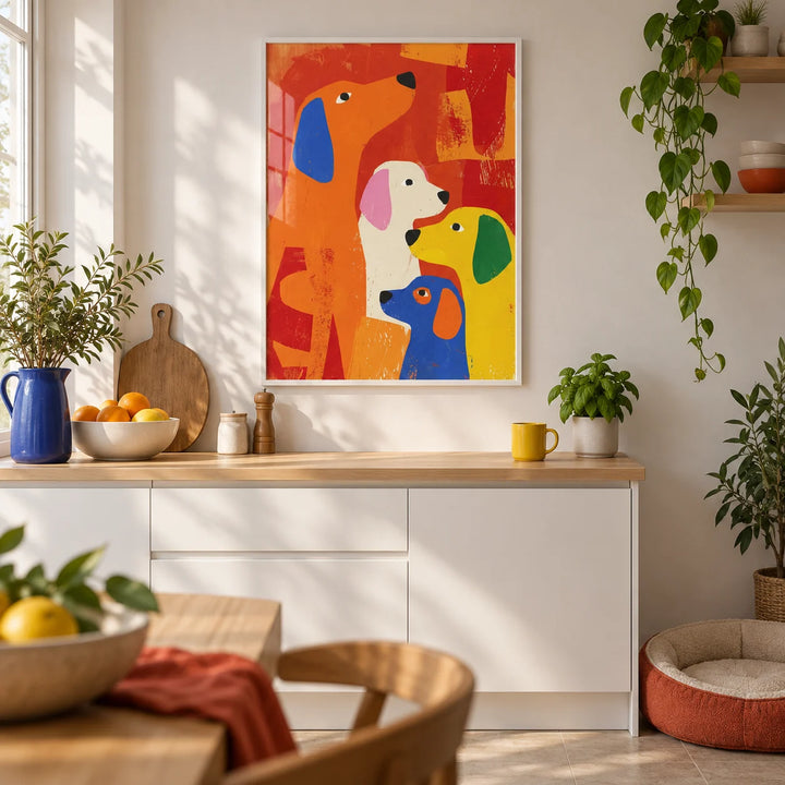 Colorful Dog Print, framed on the wall of a modern kitchen with white cabinets and a pale oak worktop