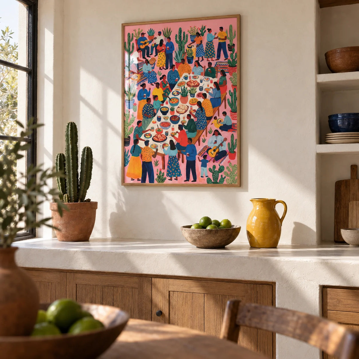 Fiesta Art, framed on the wall of a Mexican-modern kitchen with warm white plaster walls and a plain terracotta floor