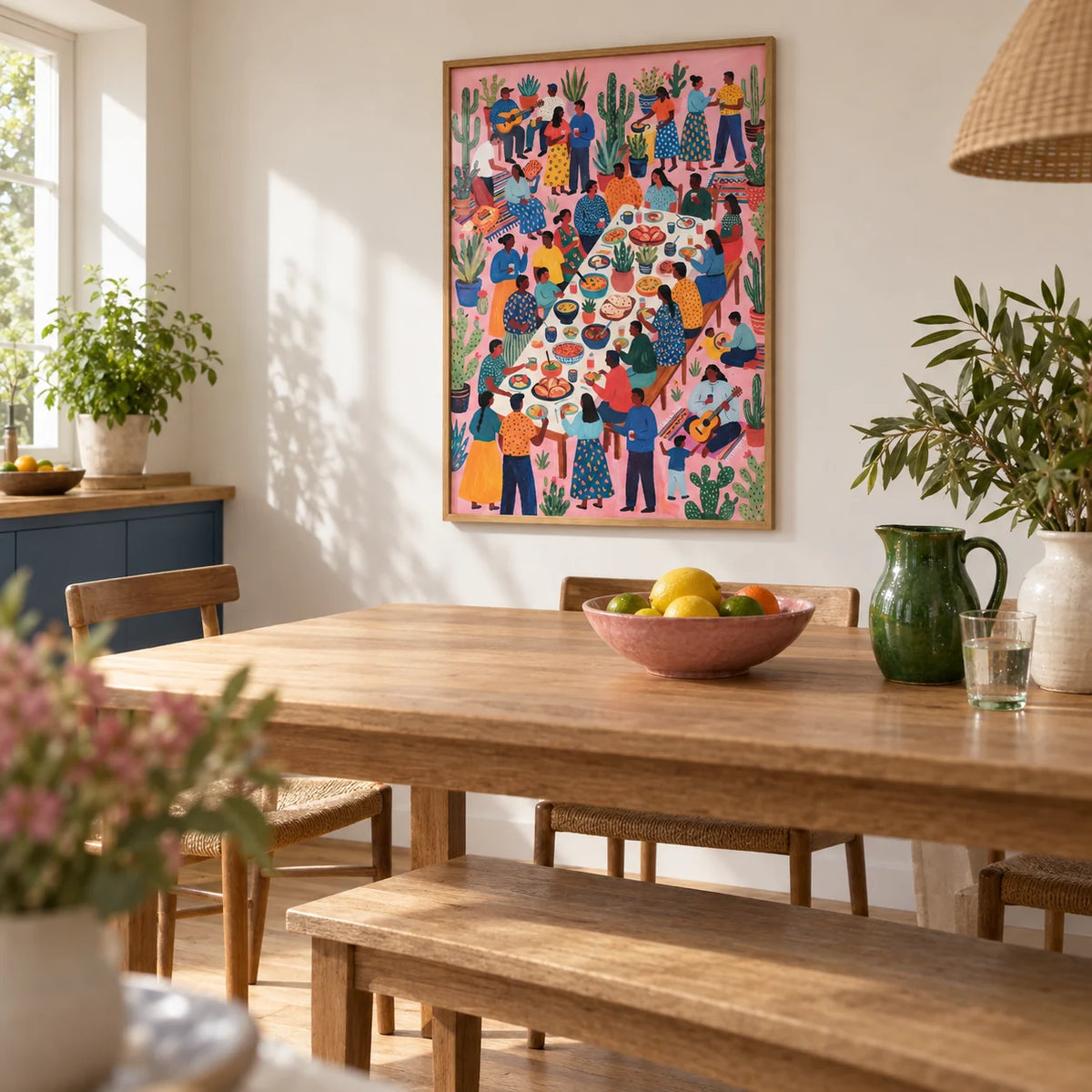 Fiesta Art, framed on the wall of an open-plan family kitchen-diner with a soft white wall and plain oak floor