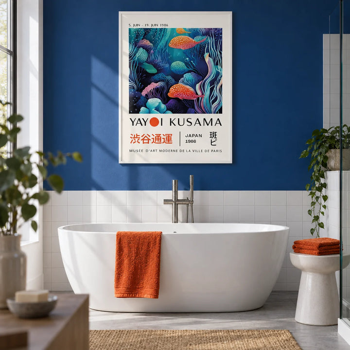 Colorful Fish Art, framed on the wall of a crisp modern bathroom with a deep royal blue painted wall and plain white tiles