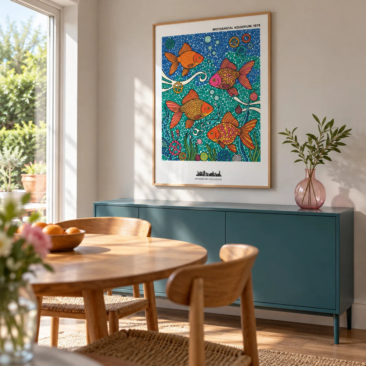 Fish Poster, framed on the wall of a bright modern dining room in a renovated terraced house with a pale warm-grey wall and a garden-facing window