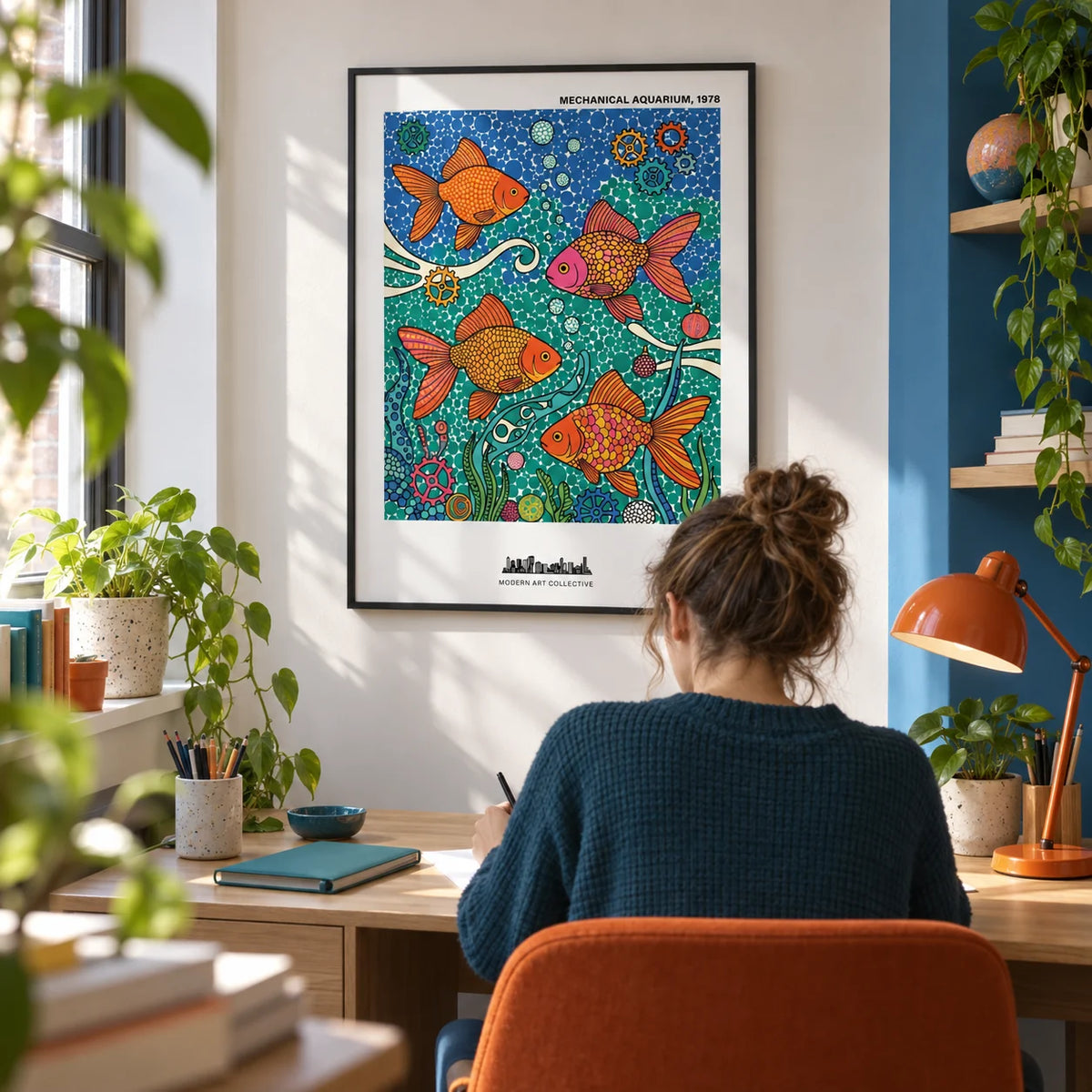 Fish Poster, framed on the wall of a compact creative home study with a soft white wall and a blue-painted alcove