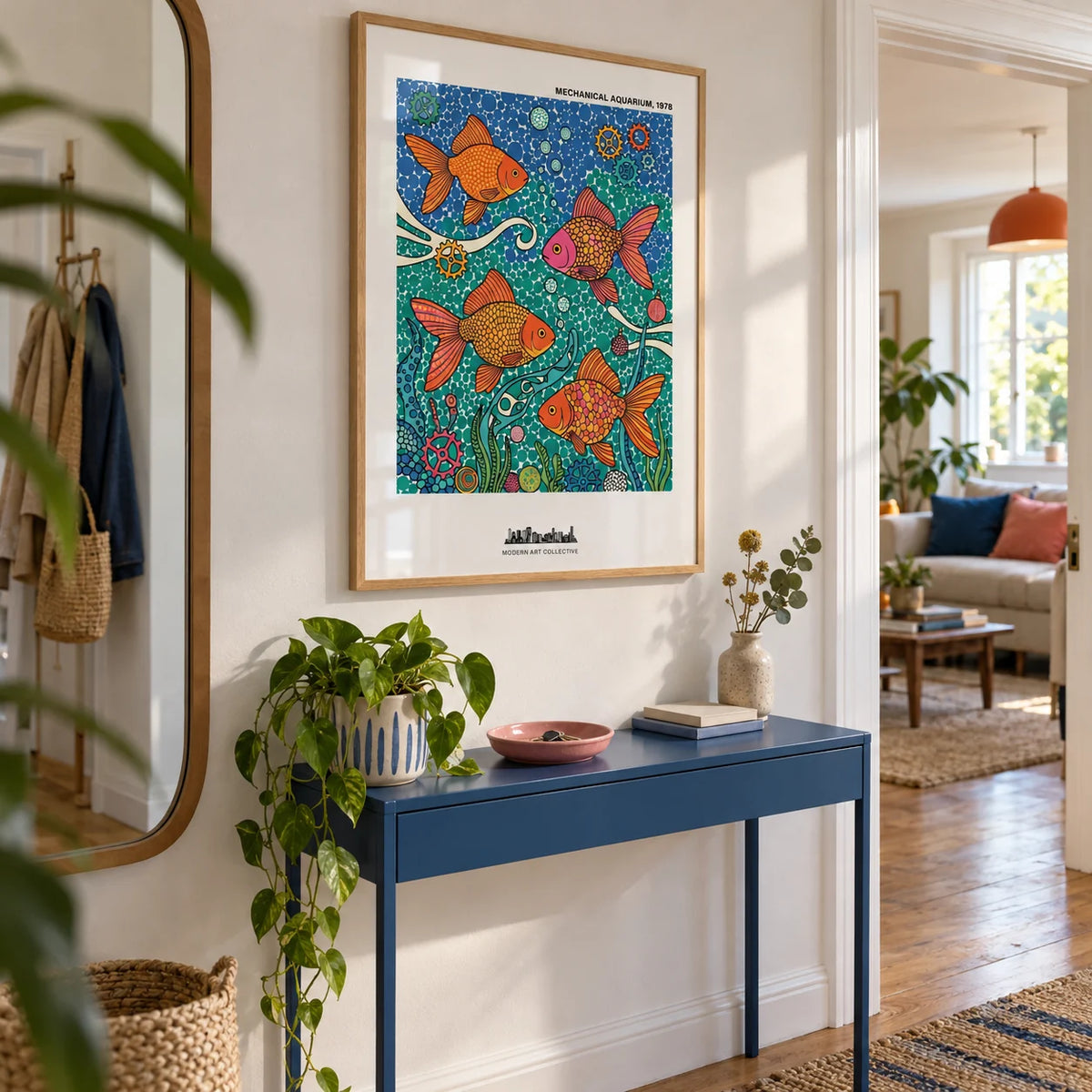 Fish Poster, framed on the wall of a light entrance hallway in a UK maisonette with a white plaster wall and warm timber floor