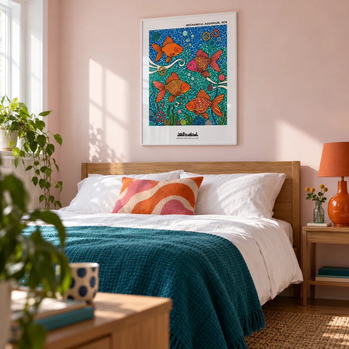 Fish Poster, framed on the wall of a playful contemporary bedroom in a young adult's first UK flat (25-30) with a very pale pink wall