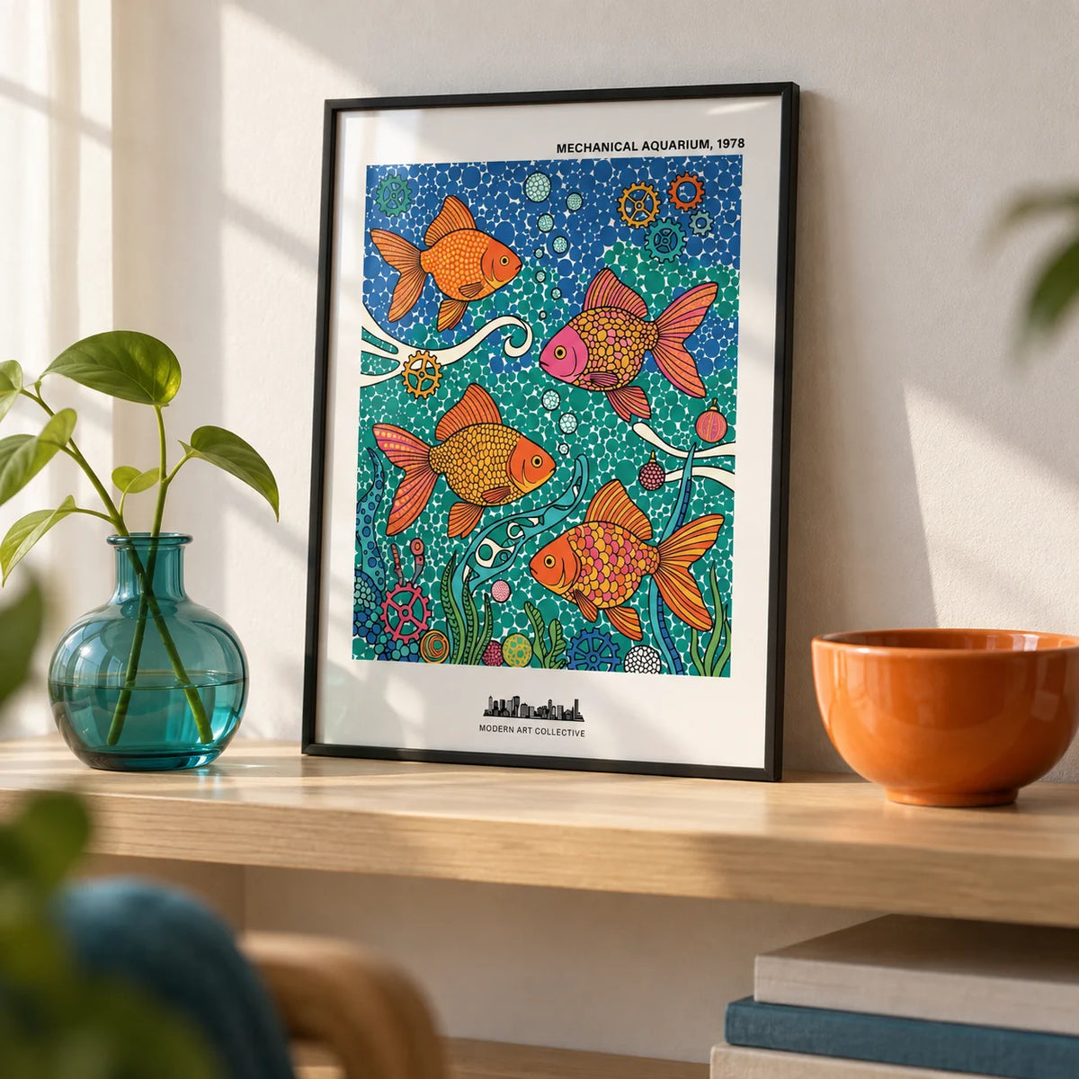 Fish Poster, a small A4 framed print leaning on a pale oak shelf in a living room
