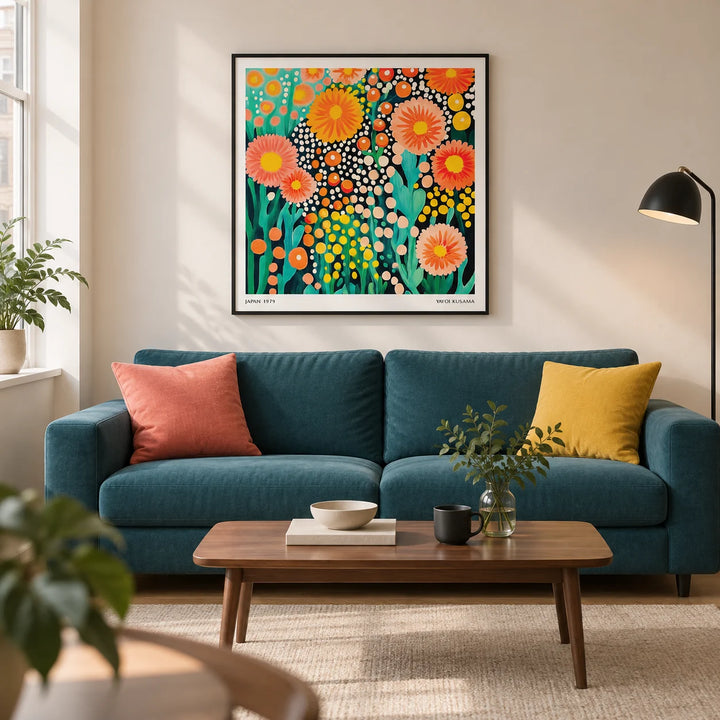 Colorful Flower Art, framed on the wall of a modern living room in a UK city flat with warm white walls and oak floorboards