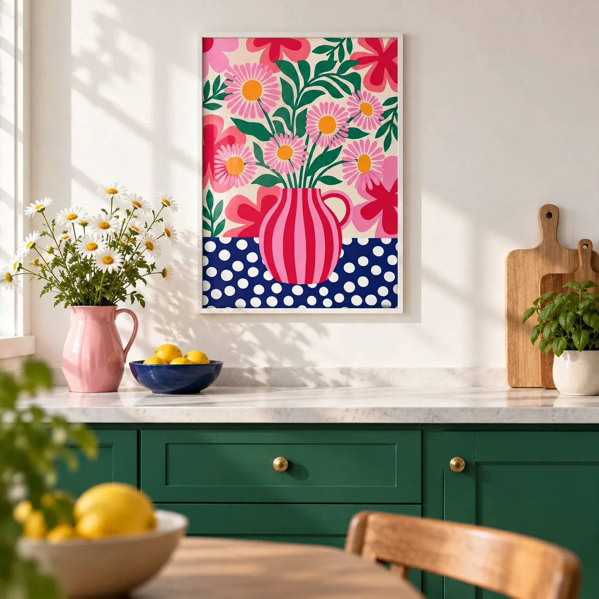 Colorful Flower Art Print, framed on the wall of a bright kitchen with solid leaf green cabinets and a plain white wall