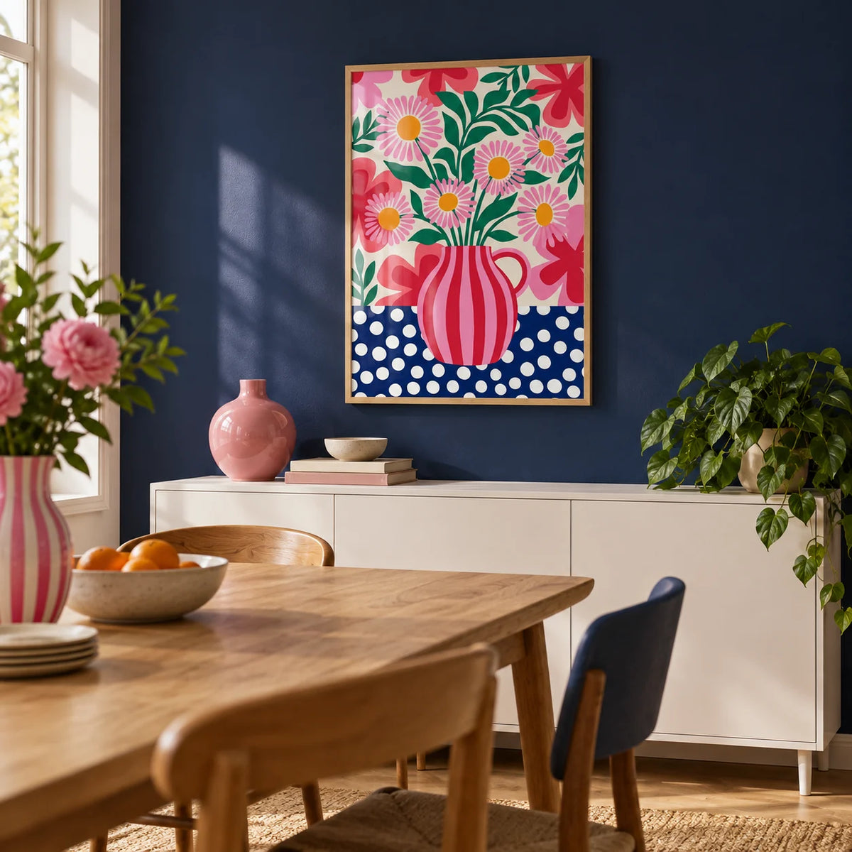 Colorful Flower Art Print, framed on the wall of a dining room with a solid navy painted wall