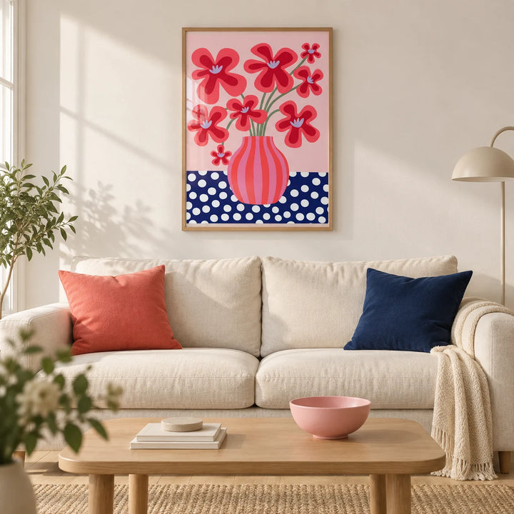 Colorful Flower Poster, framed on the wall of a bright modern living room in a UK first flat (22-30)