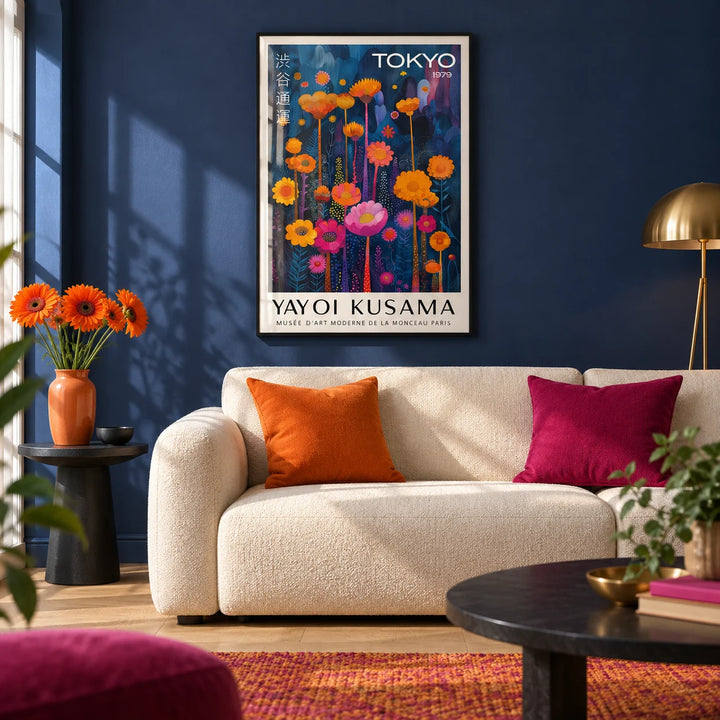Colorful Flower Wall Art, framed on the wall of a bold modern living room with a deep indigo painted wall and a pale oak floor