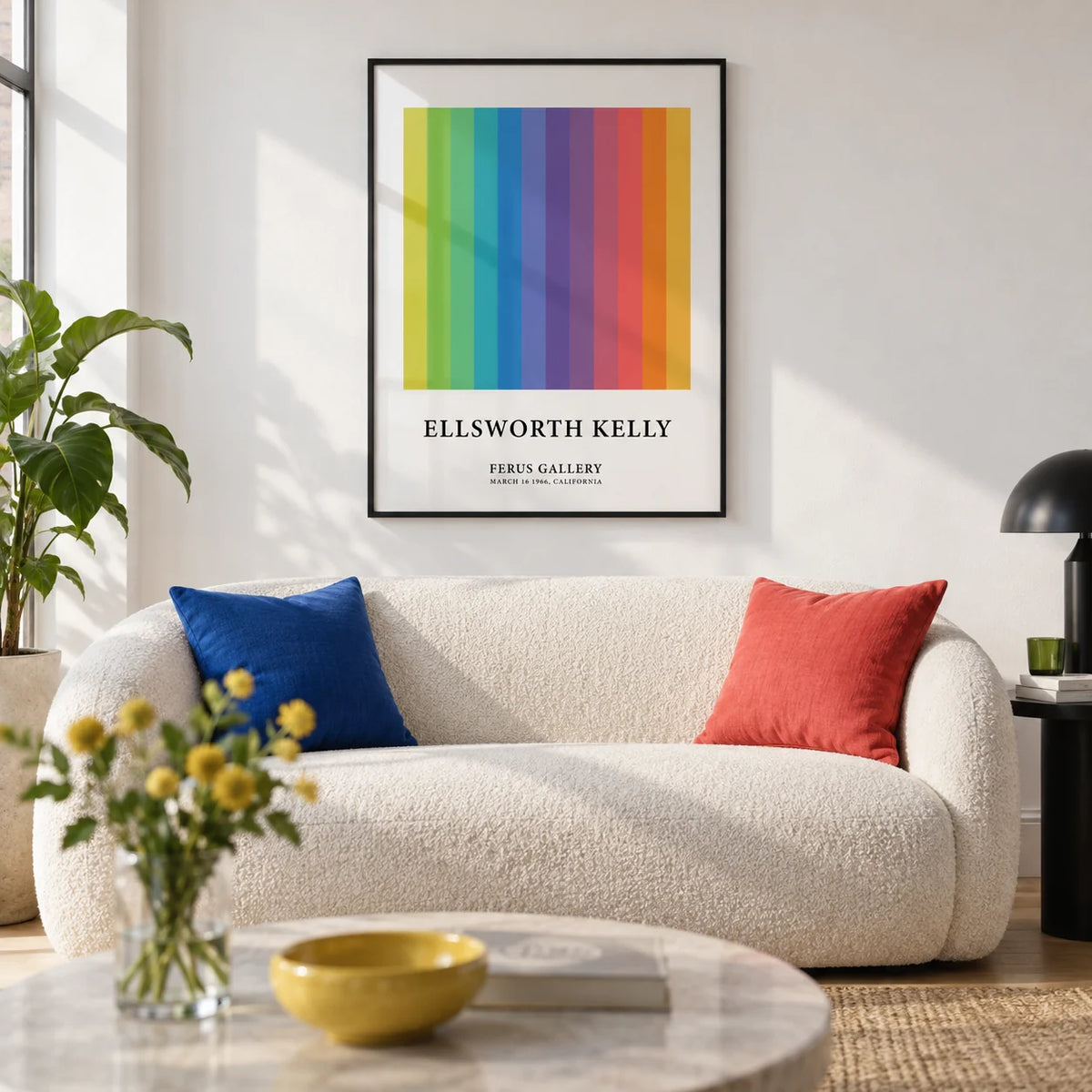 Colorful Gallery Wall Art, framed on the wall of a bright modern living room with a crisp white wall