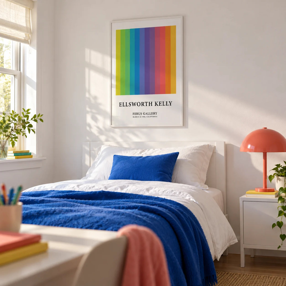 Colorful Gallery Wall Art, framed on the wall of a bright teen girl's bedroom (13-17) with a white wall