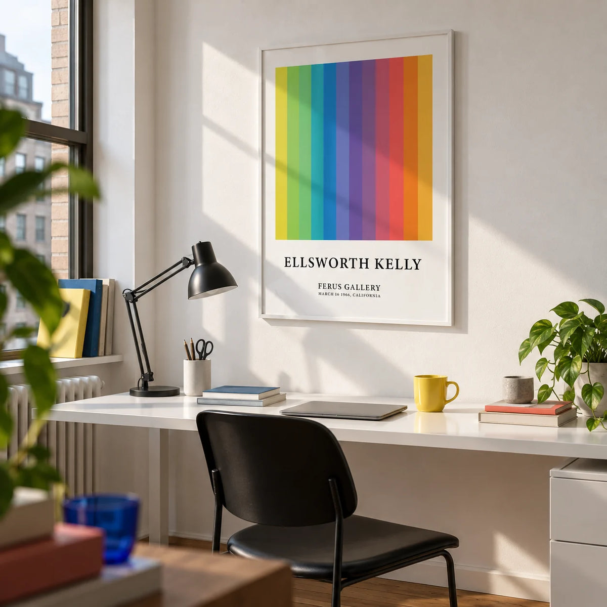Colorful Gallery Wall Art, framed on the wall of a creative design studio in a city flat with a white wall in a home office