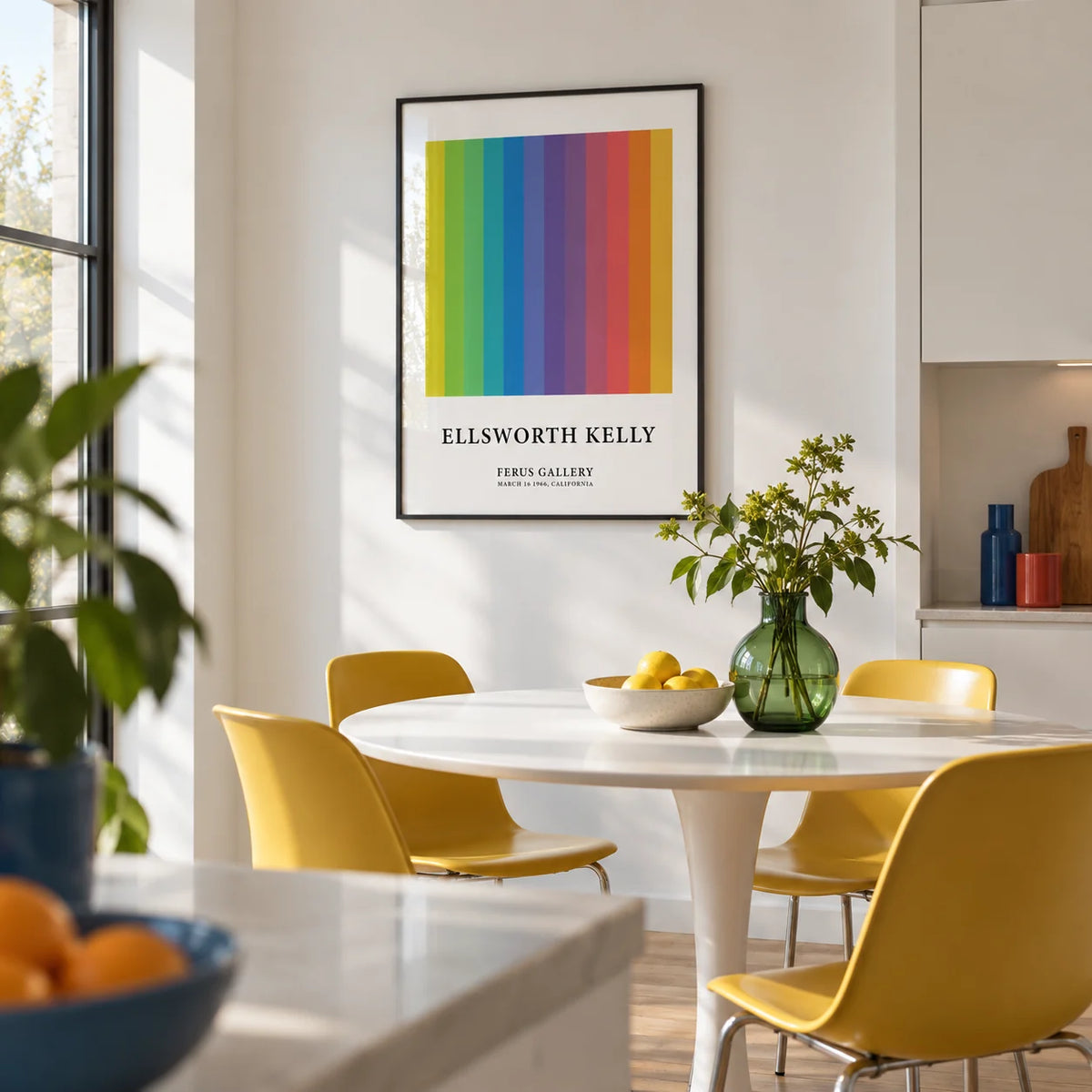 Colorful Gallery Wall Art, framed on the wall of a modern kitchen-diner with white cabinets and a white wall