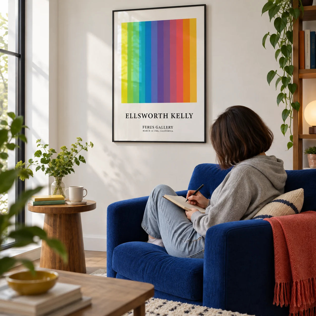 Colorful Gallery Wall Art, framed on the wall of a modern reading spot with a white wall in a living room