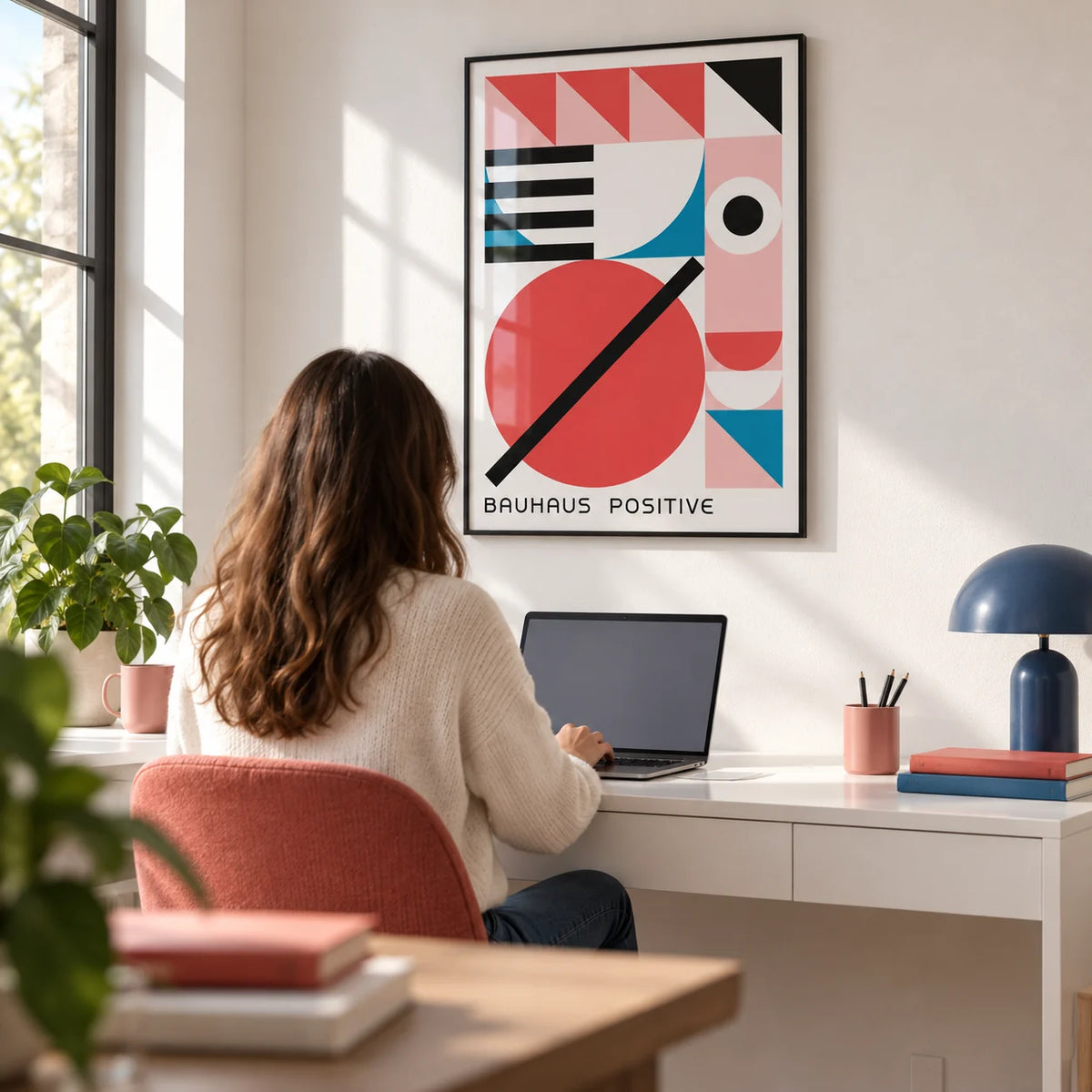 Colorful Geometric Art, framed on the wall of a home office with a white wall
