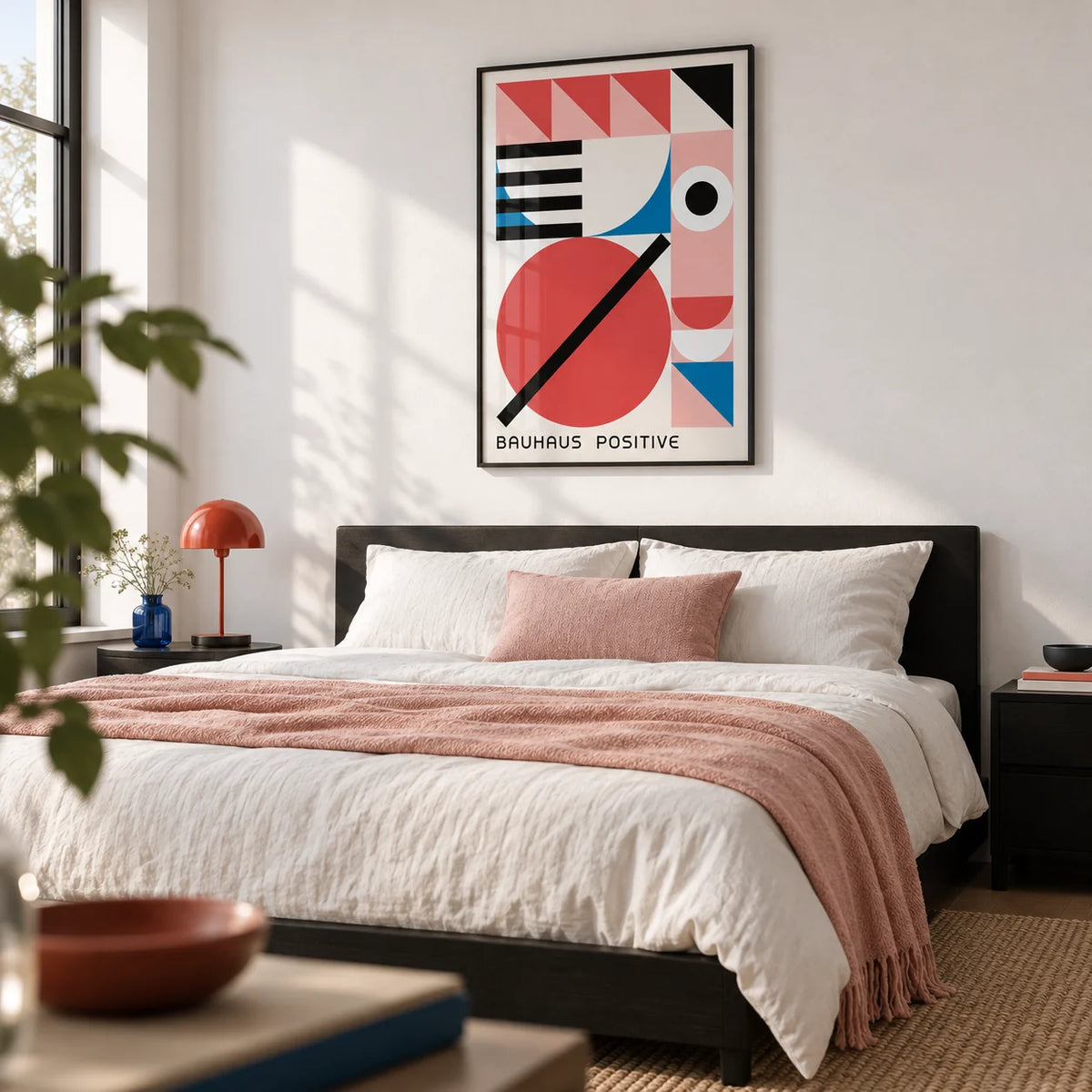 Colorful Geometric Art, framed on the wall of a modern bedroom with a white wall