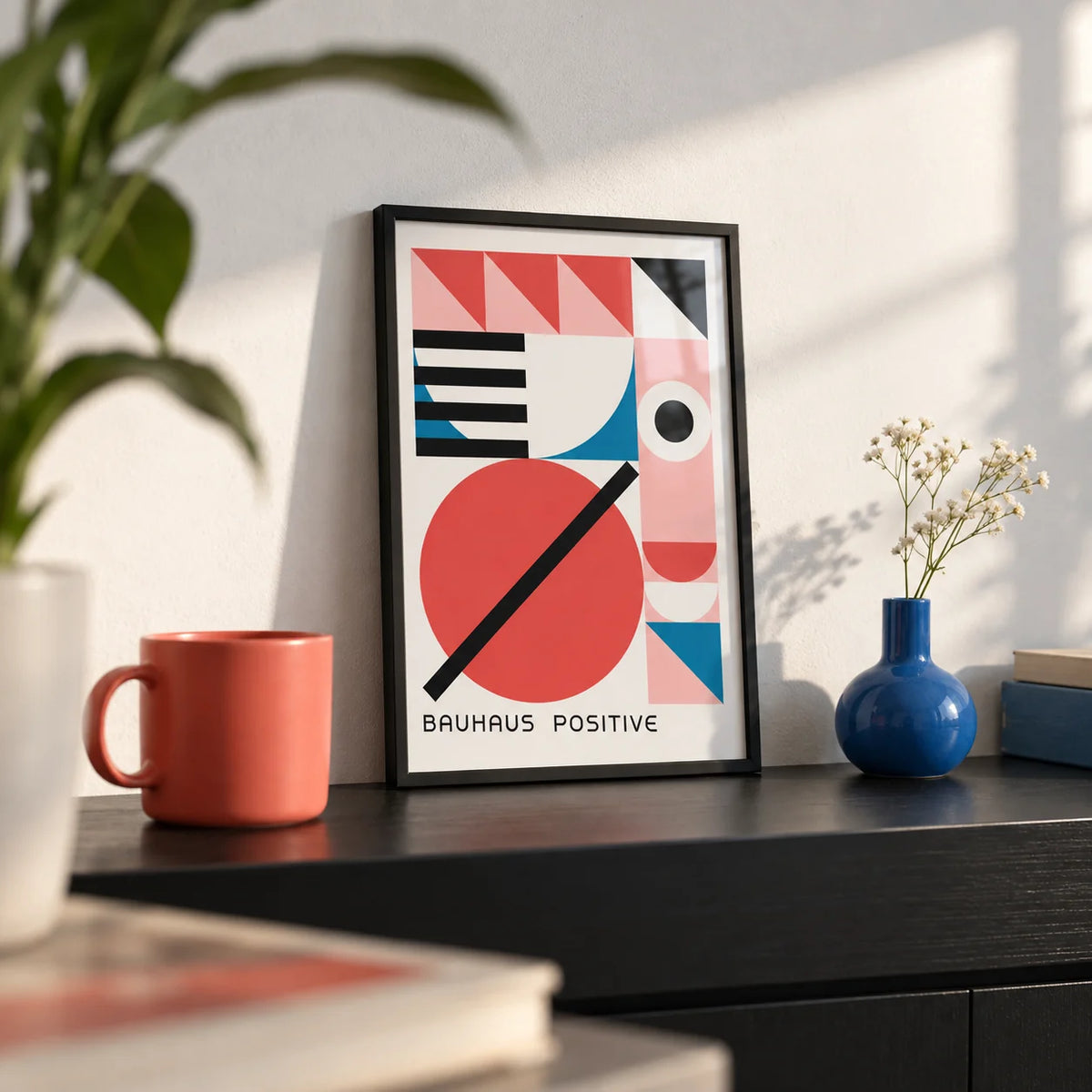 Colorful Geometric Art, a small A4 framed print leaning on a black shelf in a living room