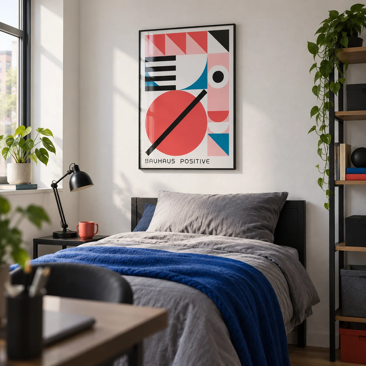 Colorful Geometric Art, framed on the wall of a young lad's bedroom (18-25) with a white wall
