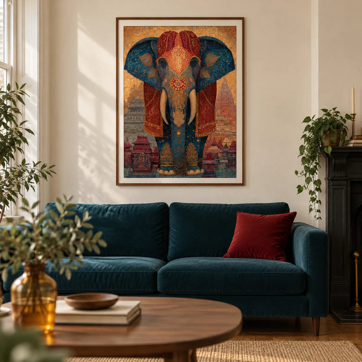 Colorful Indian Art Print, framed on the wall of a warm contemporary living room in a UK Victorian terrace with ivory plaster walls and oak floorboards