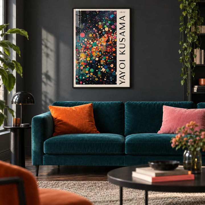 Colorful Large Wall Art, framed on the wall of a modern city flat living room with a deep charcoal painted wall and a dark wood floor