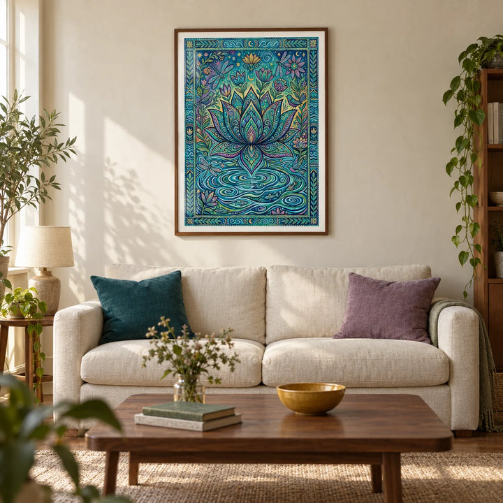 Colorful Nature Print, framed on the wall of a characterful modern living room in a UK terraced house with warm ivory plaster walls and a walnut floor