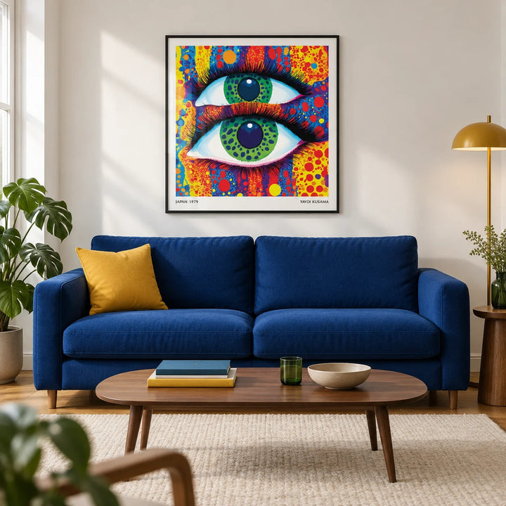 Colorful Pop Art, framed on the wall of a modern living room in a UK city flat with chalk-white walls