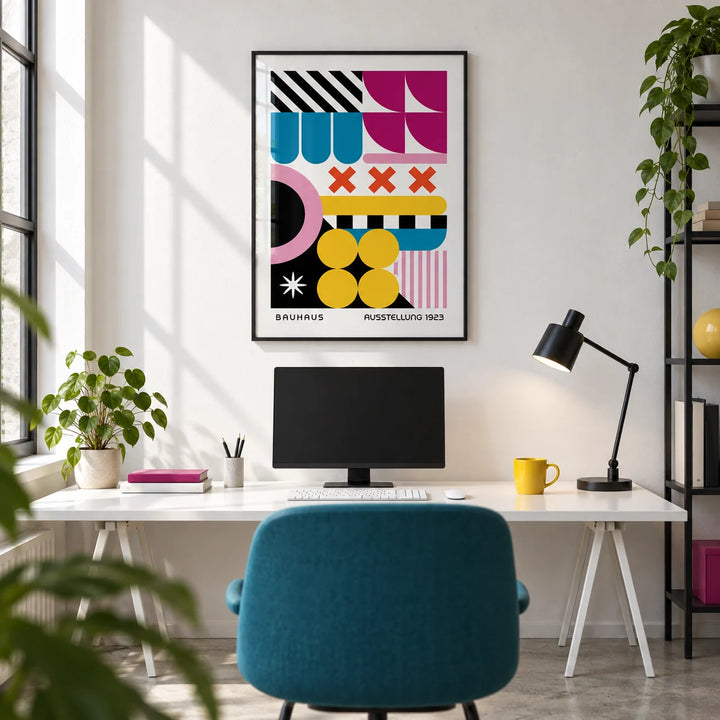 Colorful Prints, framed on the wall of a bright creative studio in a flat with a white wall and a concrete floor in a home office