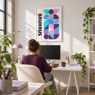 Colorful Shape Print, framed on the wall of a bright creative studio with a white wall and a concrete floor in a home office