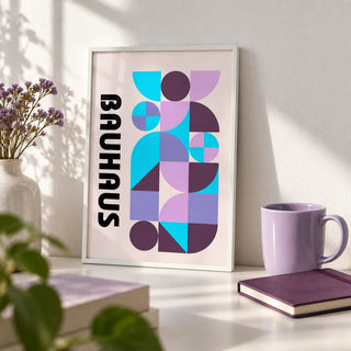 Colorful Shape Print, a small A4 framed print leaning on a white desk