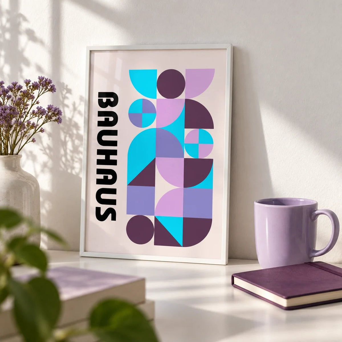 Colorful Shape Print, a small A4 framed print leaning on a white desk
