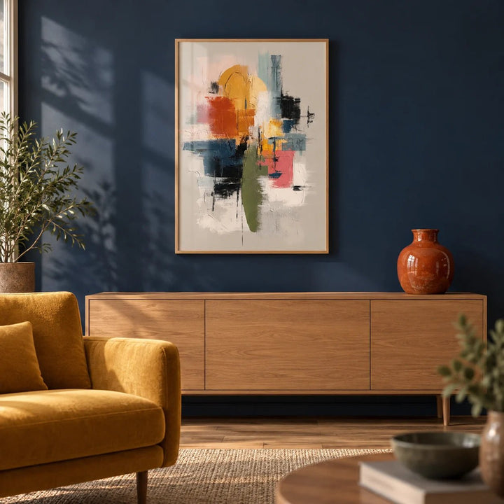 Colorful Textured Print, framed on the wall of a characterful living room with a deep navy painted wall